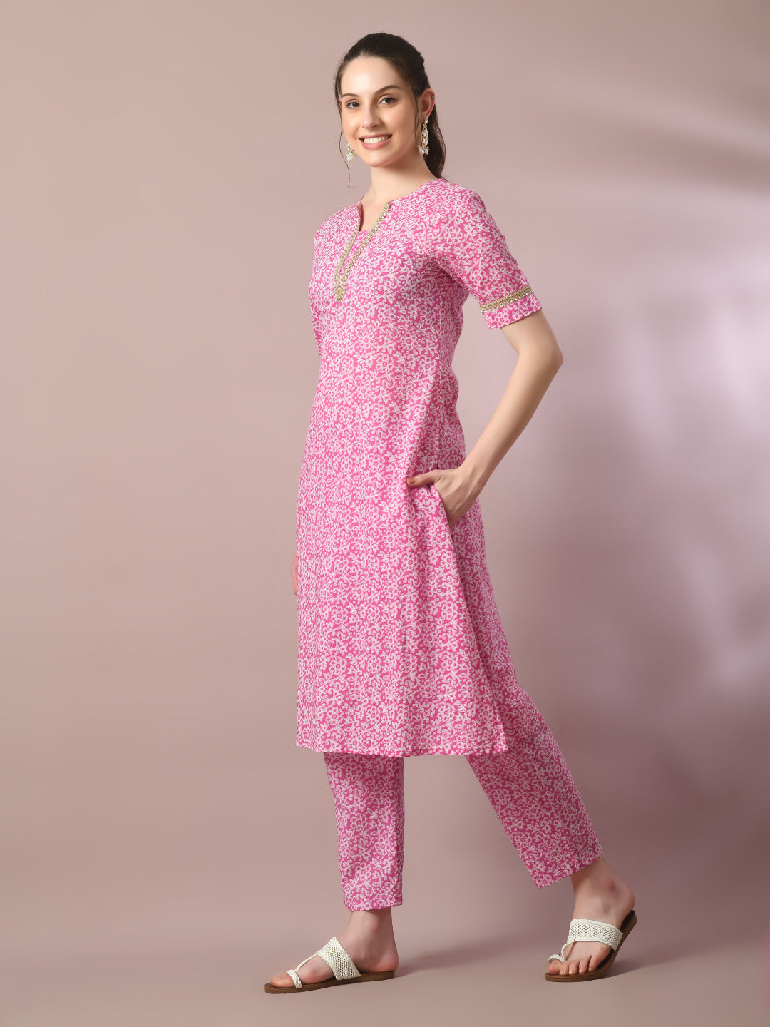 Women's  Pink Printed Cotton Straight Party Kurta Sets  - Myshka