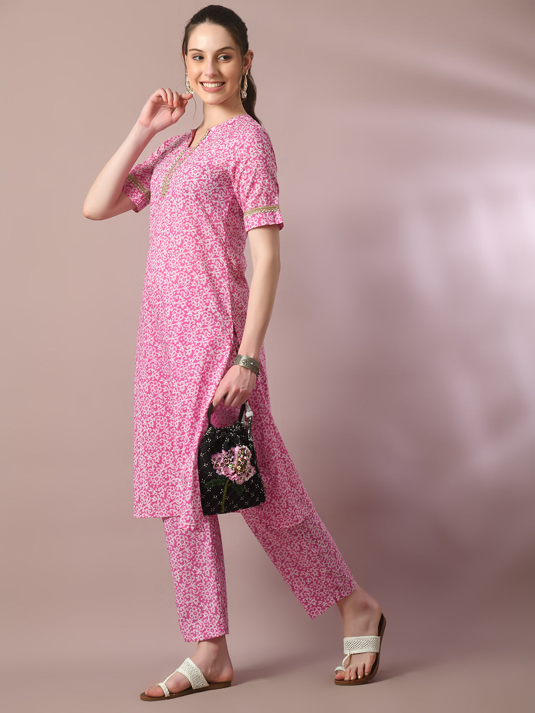 Women's  Pink Printed Cotton Straight Party Kurta Sets  - Myshka