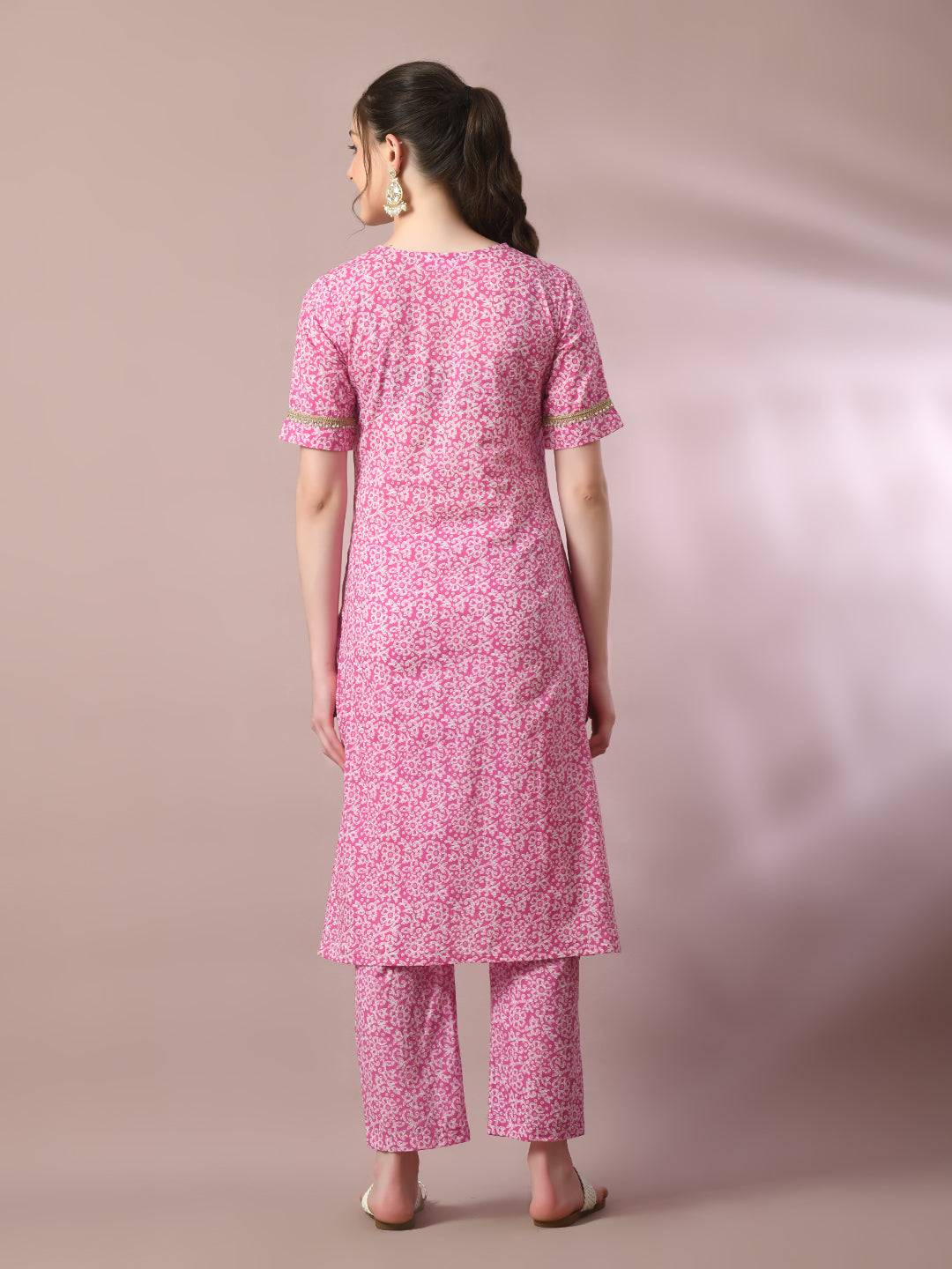 Women's  Pink Printed Cotton Straight Party Kurta Sets  - Myshka