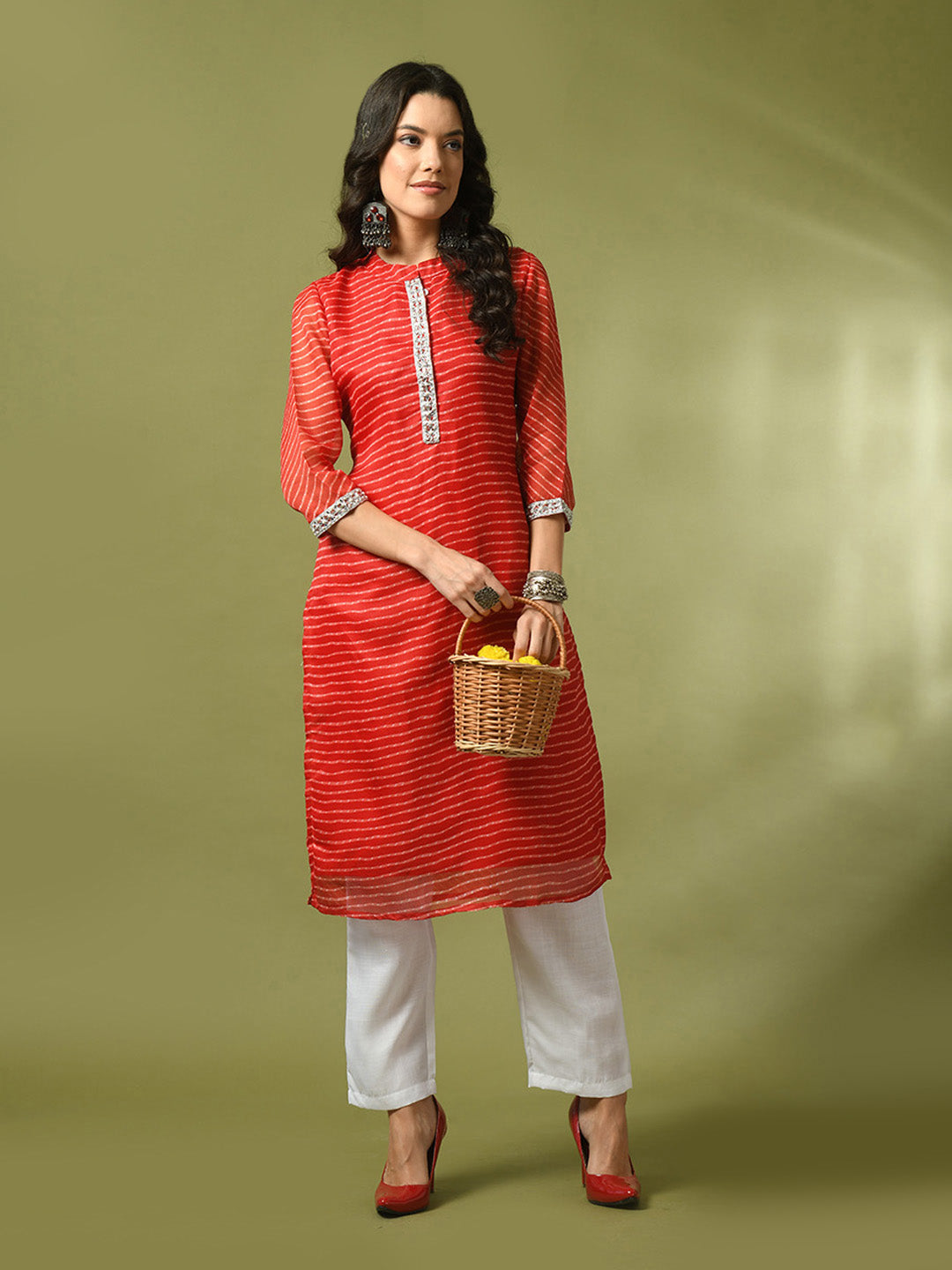 Women's  Red Printed Cotton Blend Straight Party Kurta Sets  - Myshka