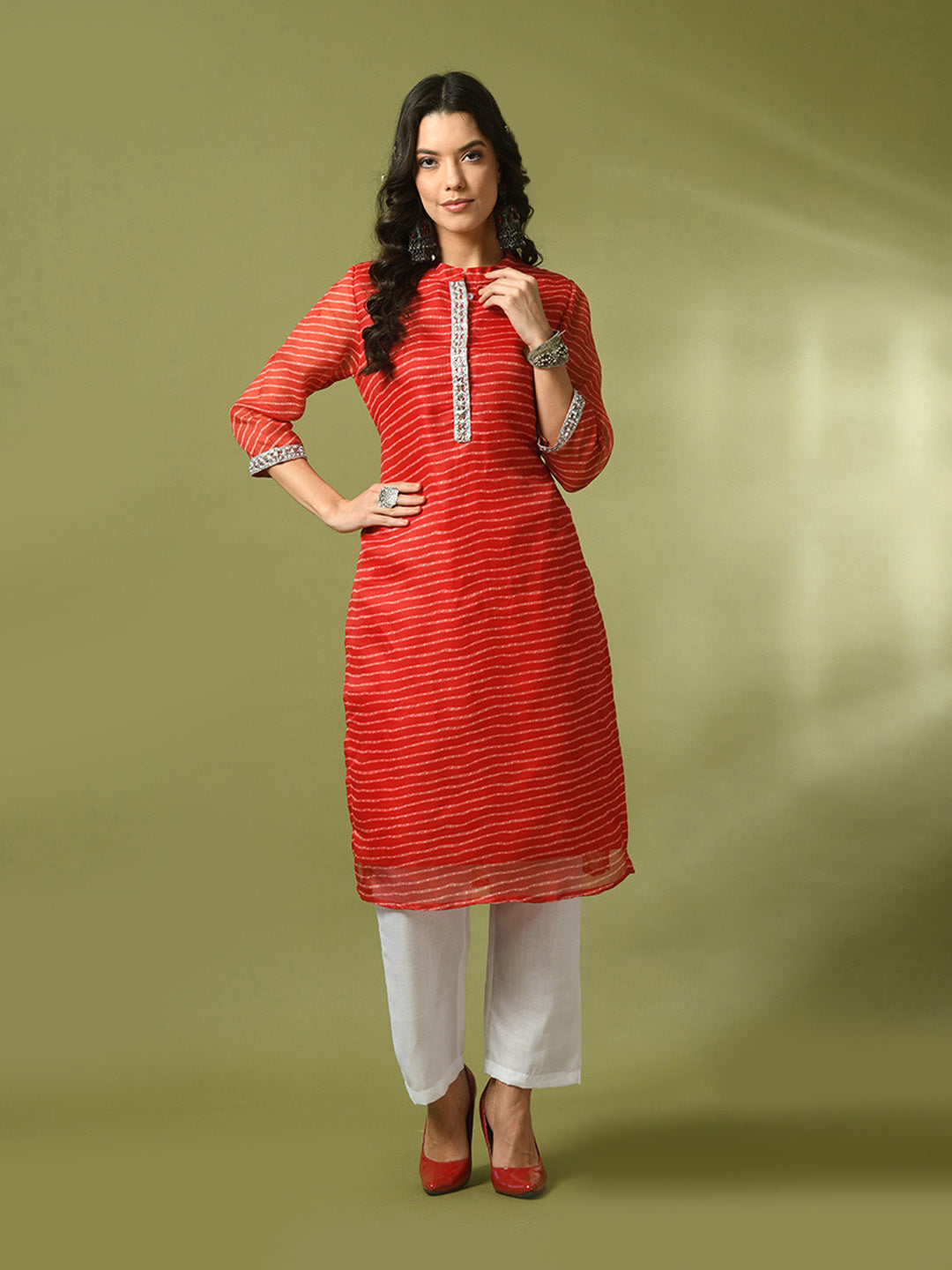 Women's  Red Printed Cotton Blend Straight Party Kurta Sets  - Myshka