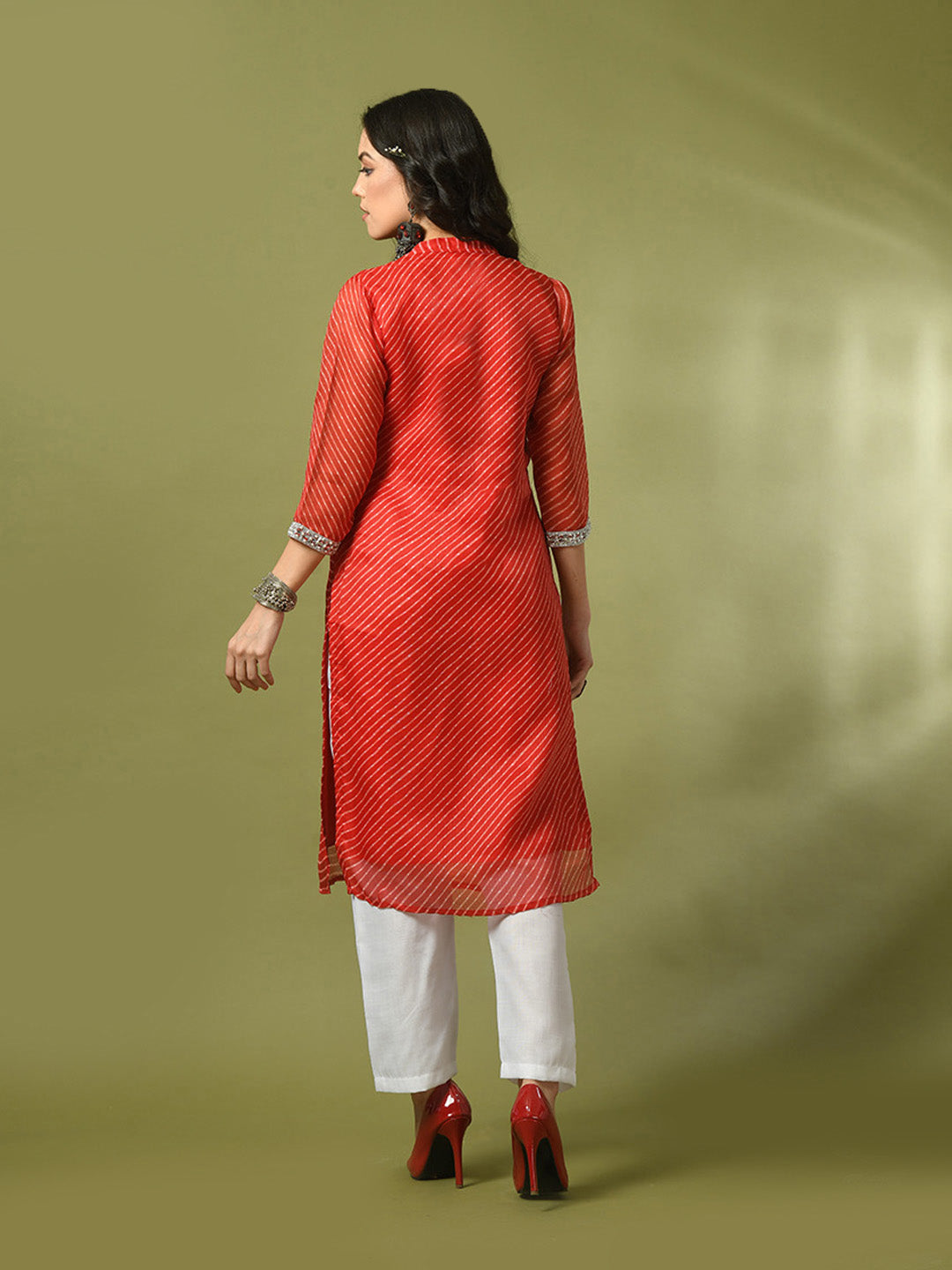 Women's  Red Printed Cotton Blend Straight Party Kurta Sets  - Myshka