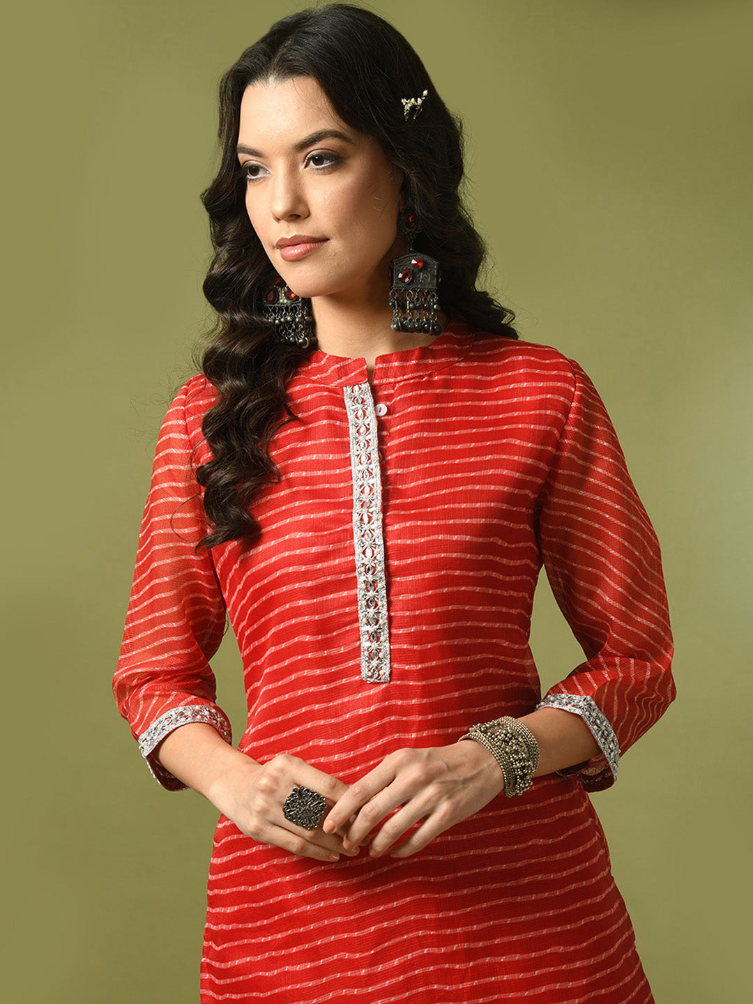 Women's  Red Printed Cotton Blend Straight Party Kurta Sets  - Myshka