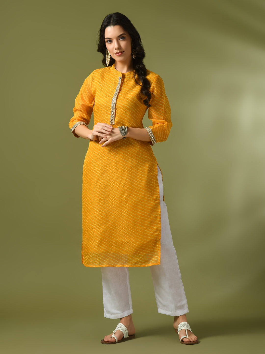 Women's  Yellow Printed Cotton Blend Straight Party Kurta Sets  - Myshka