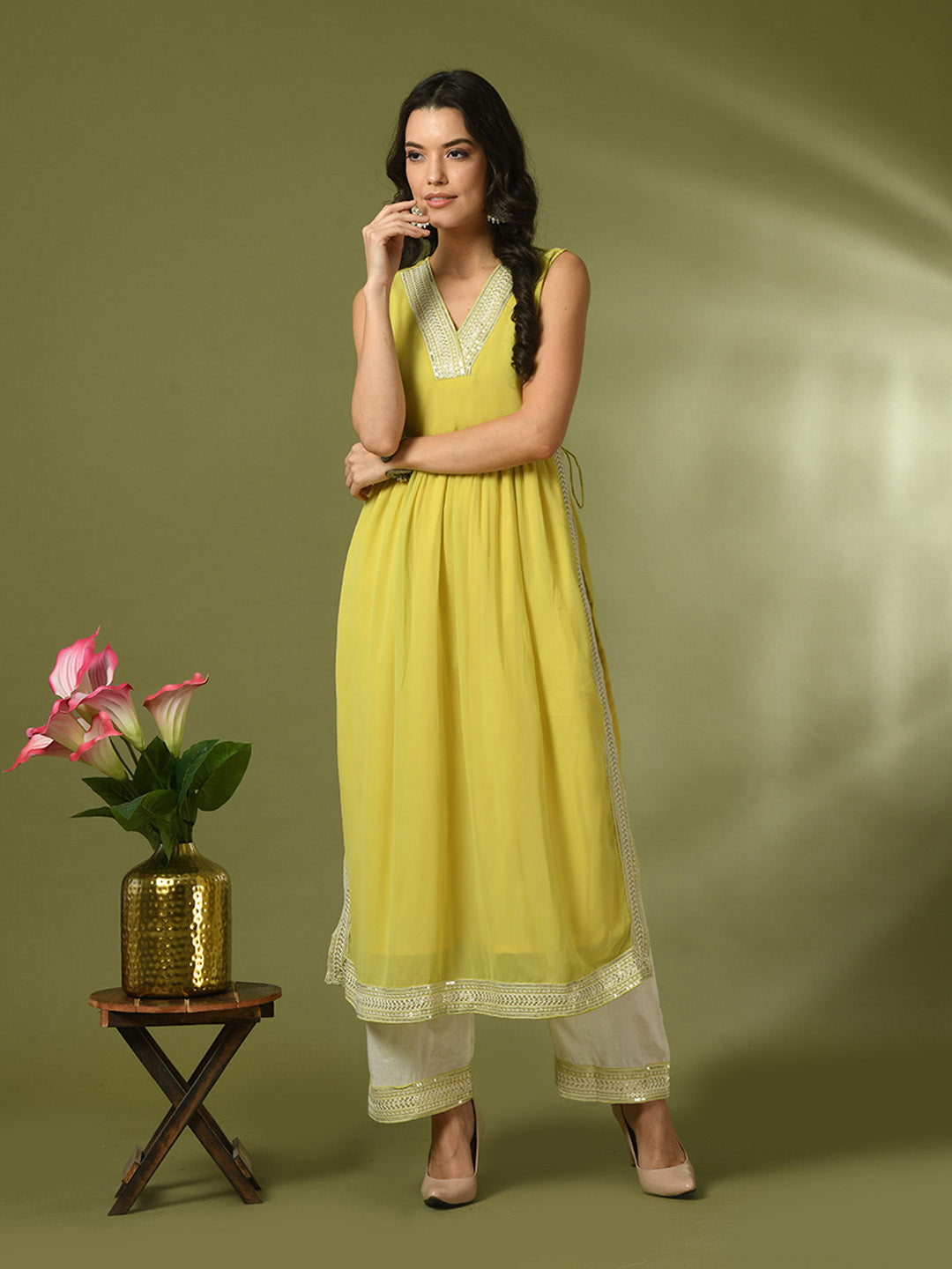 Women's  Yellow Solid Georgette Anarkali Party Kurta Sets  - Myshka