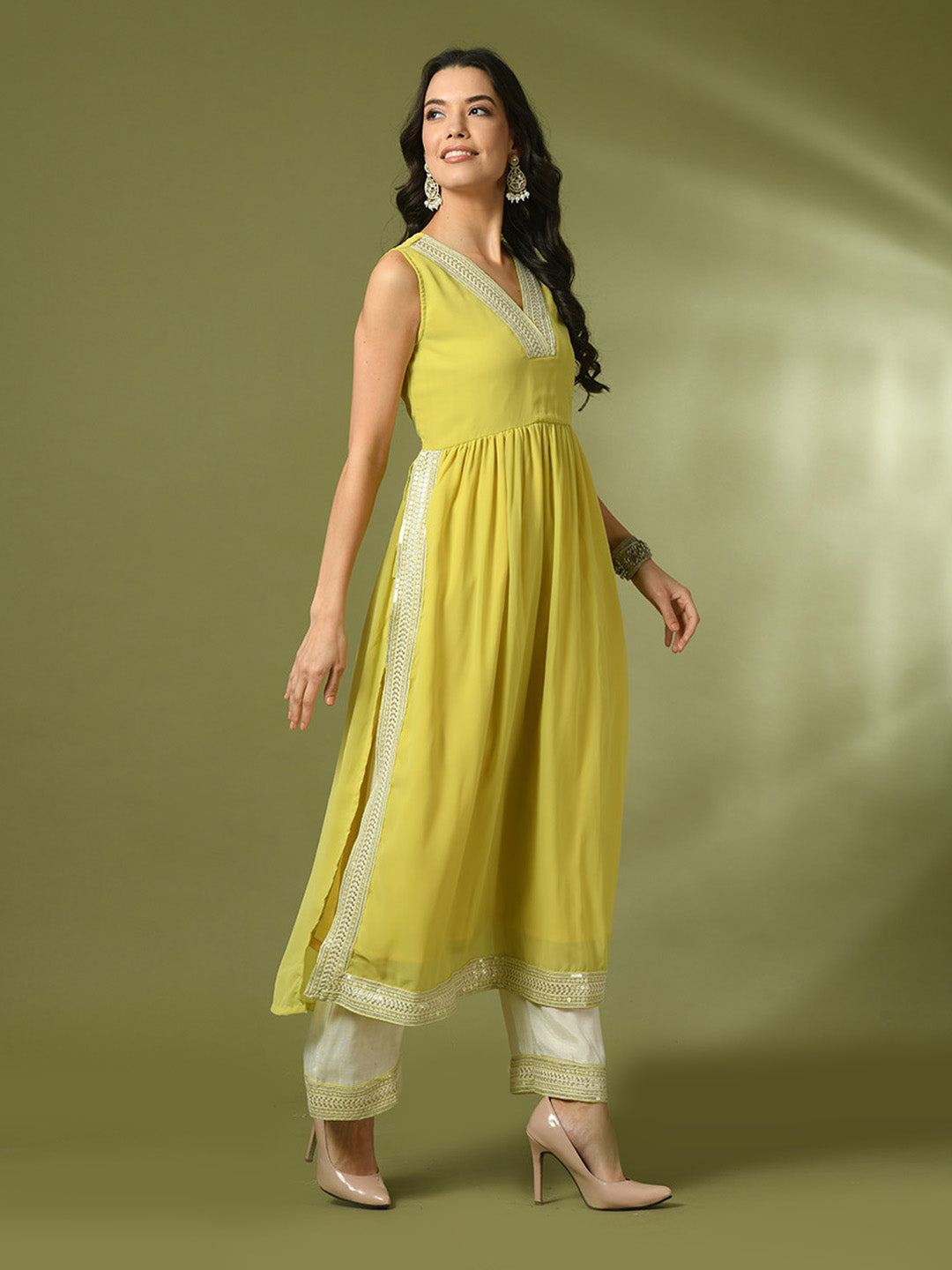 Women's  Yellow Solid Georgette Anarkali Party Kurta Sets  - Myshka