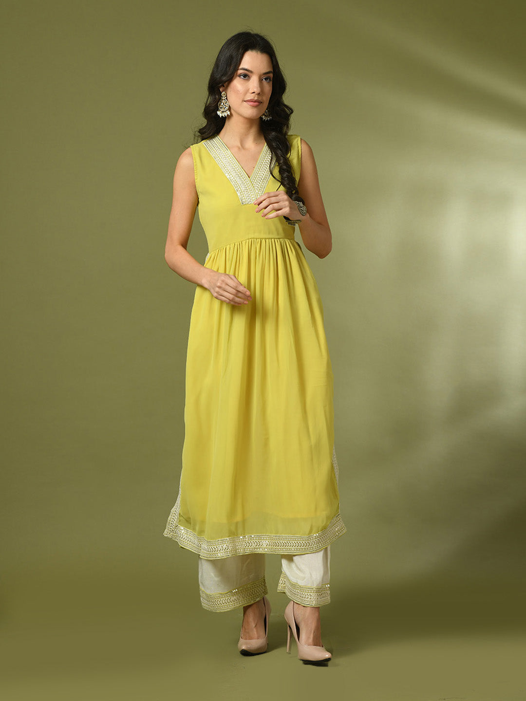 Women's  Yellow Solid Georgette Anarkali Party Kurta Sets  - Myshka