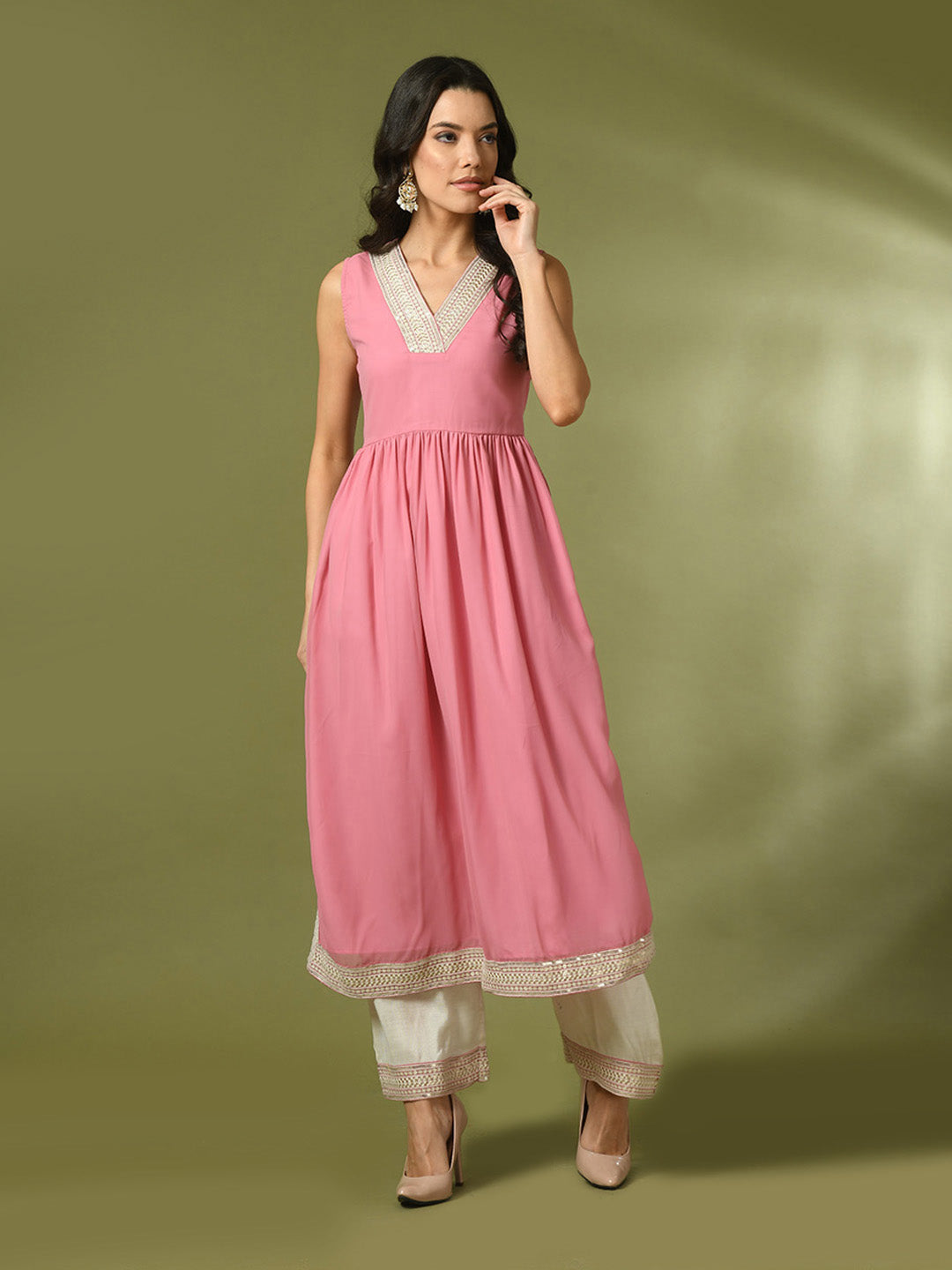 Women's  Pink Solid Georgette Anarkali Party Kurta Sets  - Myshka