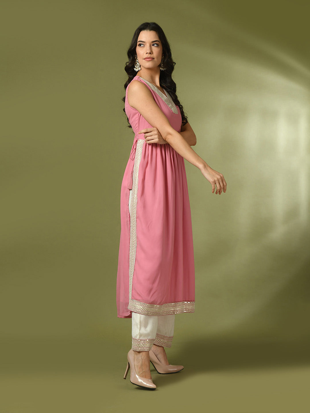 Women's  Pink Solid Georgette Anarkali Party Kurta Sets  - Myshka