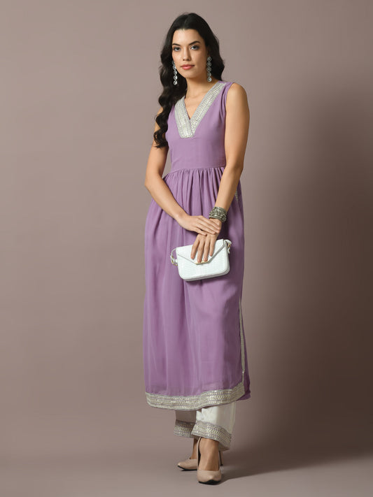 Women's  Lavender Solid Georgette Anarkali Party Kurta Sets  - Myshka