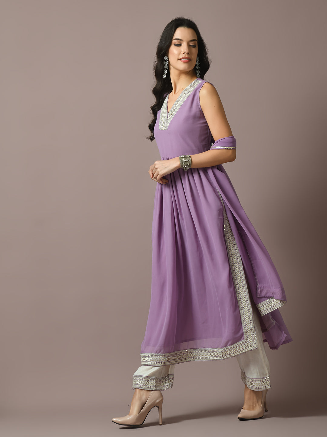 Women's  Lavender Solid Georgette Anarkali Party Kurta Sets  - Myshka