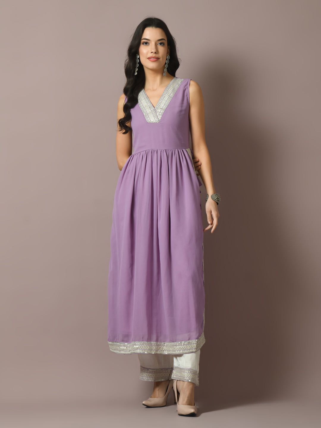 Women's  Lavender Solid Georgette Anarkali Party Kurta Sets  - Myshka