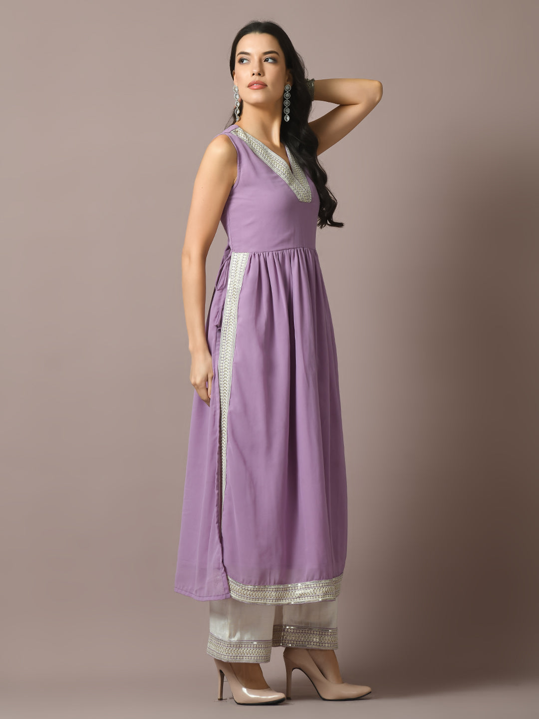 Women's  Lavender Solid Georgette Anarkali Party Kurta Sets  - Myshka