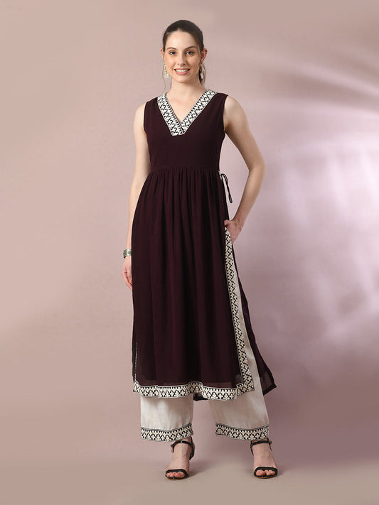 Women's  Coffee Brown Solid Georgette Anarkali Party Kurta Sets  - Myshka