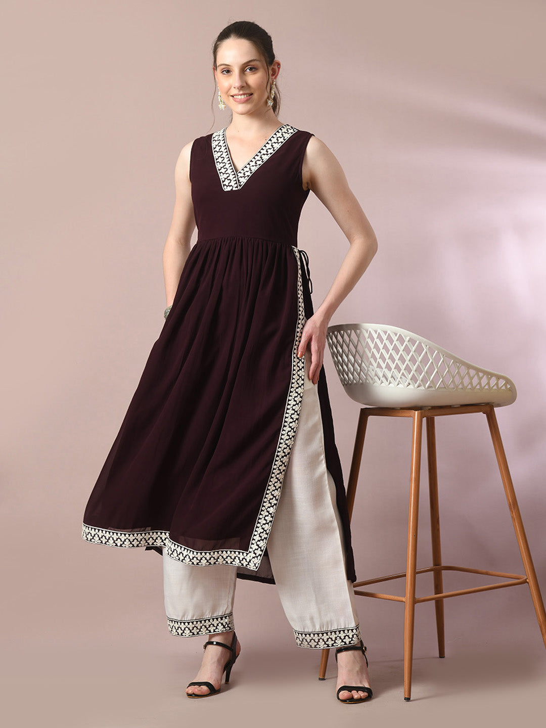 Women's  Coffee Brown Solid Georgette Anarkali Party Kurta Sets  - Myshka