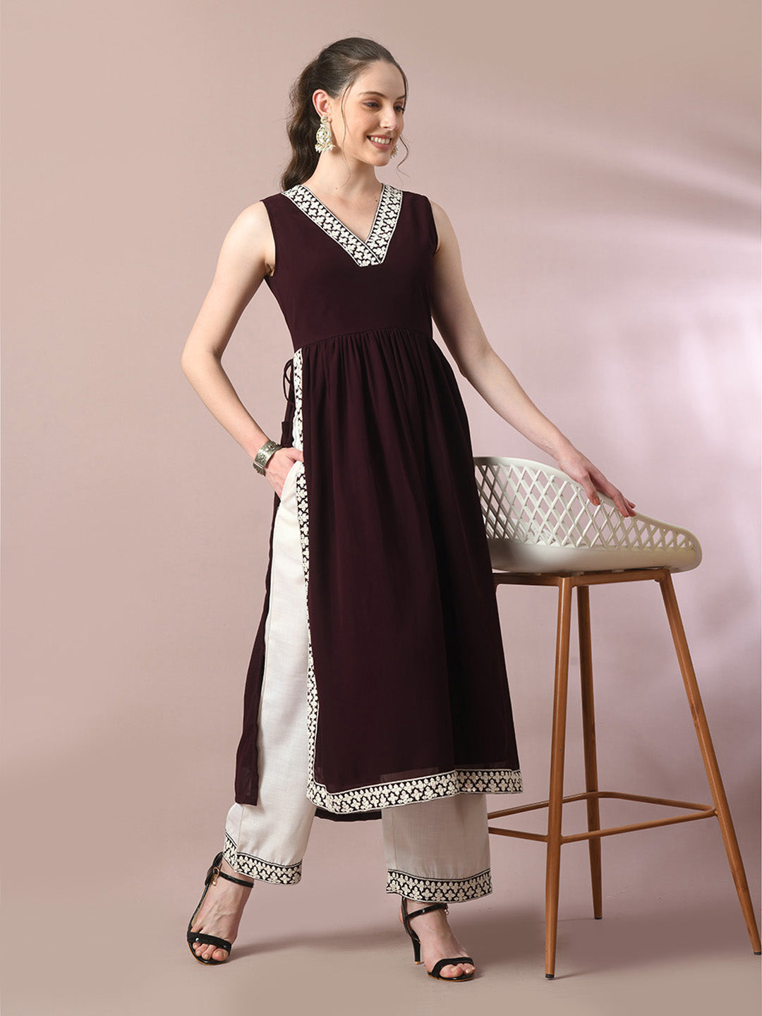 Women's  Coffee Brown Solid Georgette Anarkali Party Kurta Sets  - Myshka