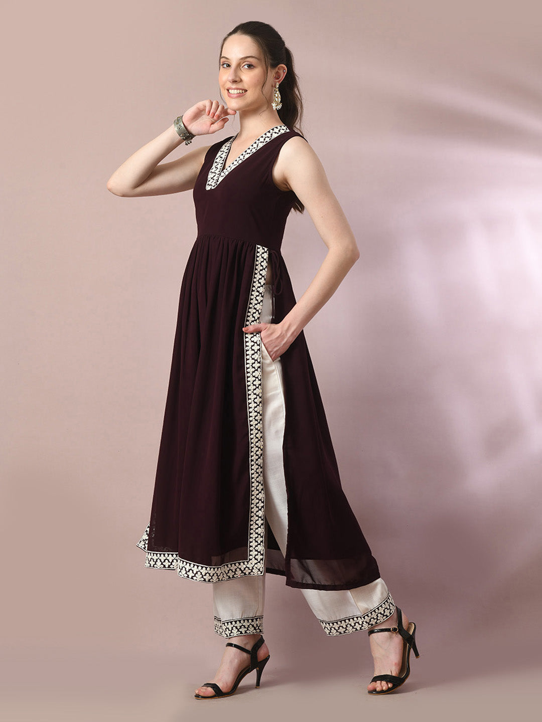 Women's  Coffee Brown Solid Georgette Anarkali Party Kurta Sets  - Myshka