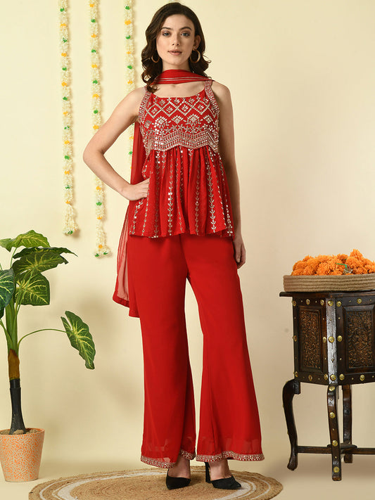 Women's Red  Georgette Top & Palazzos With Dupatta Party Sets Myshka