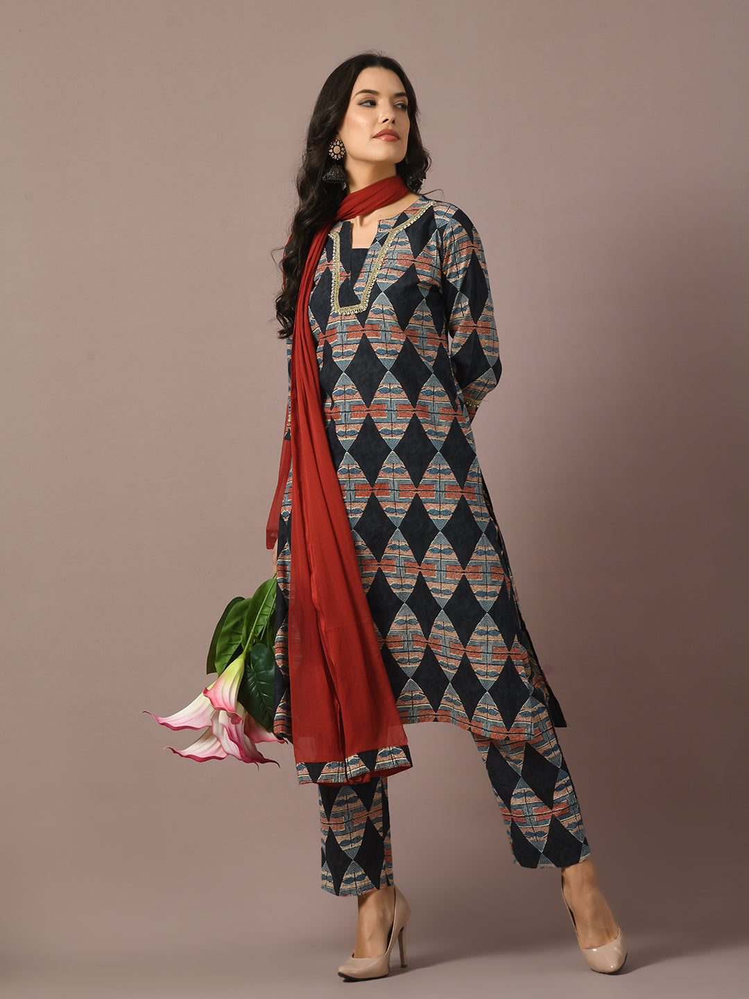 Women's  Multi Printed Cotton Straight Party Kurta Sets With Dupatta - Myshka