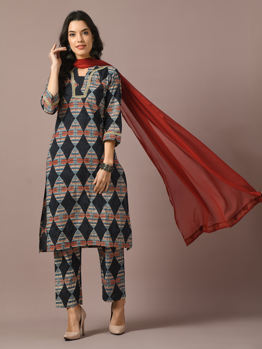 Women's  Multi Printed Cotton Straight Party Kurta Sets With Dupatta - Myshka