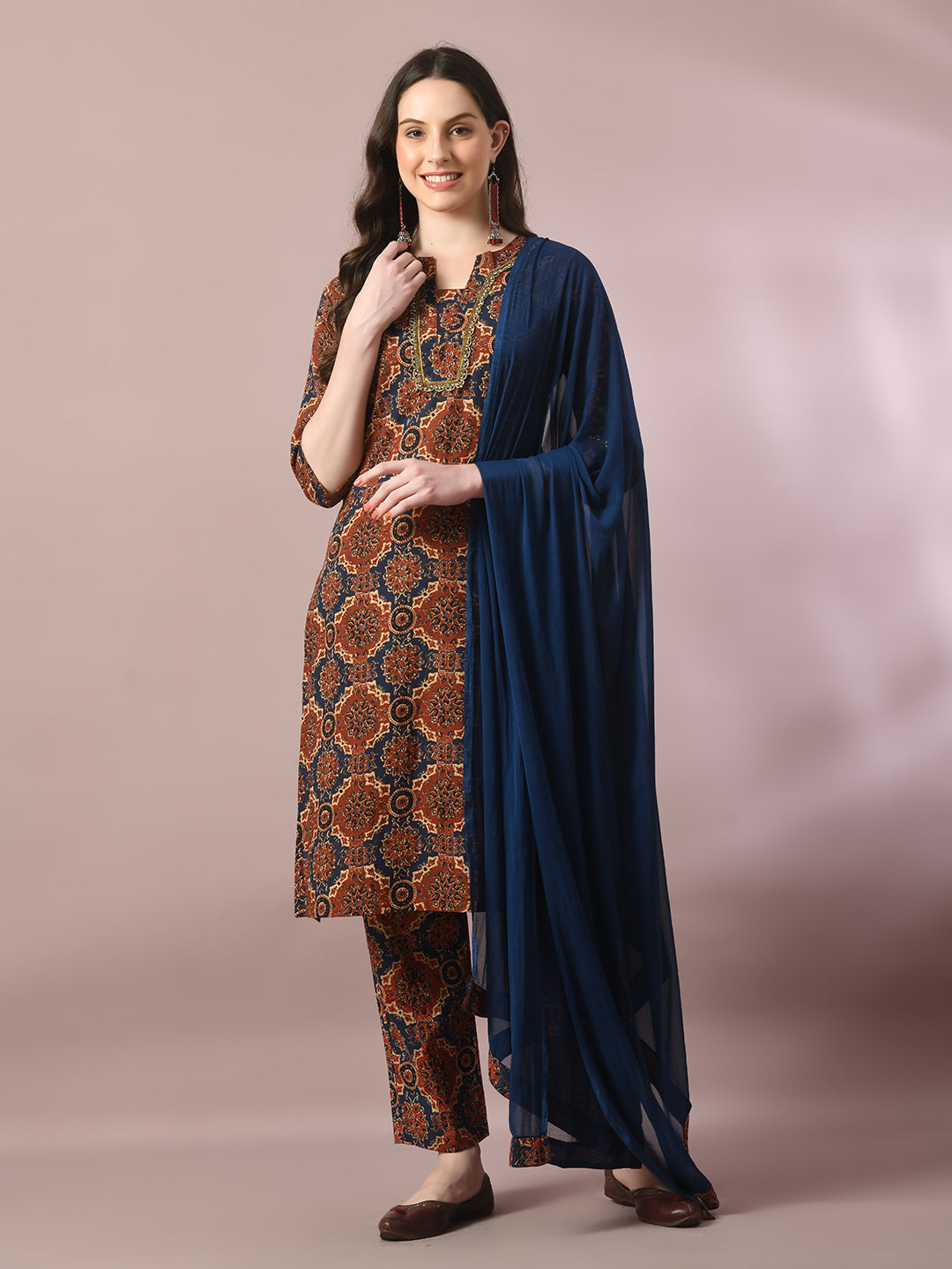 Women's  Multi Printed Cotton Straight Party Kurta Sets With Dupatta - Myshka