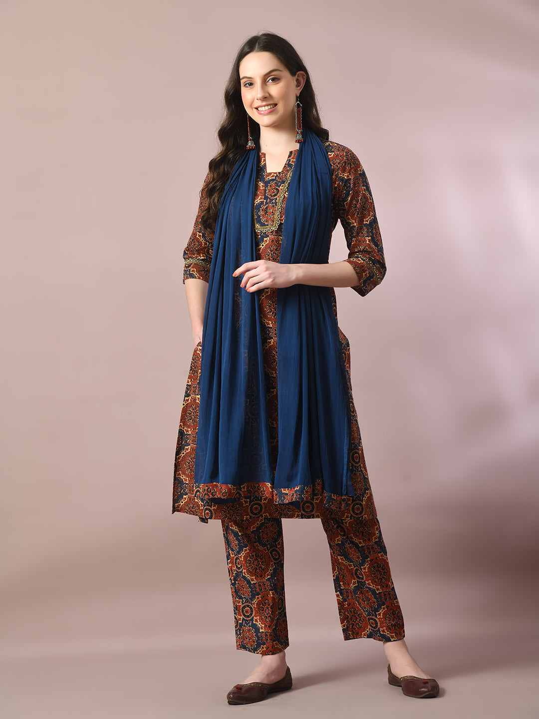 Women's  Multi Printed Cotton Straight Party Kurta Sets With Dupatta - Myshka