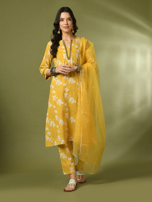 Women's  Yellow Printed Cotton Straight Party Kurta Sets With Dupatta - Myshka