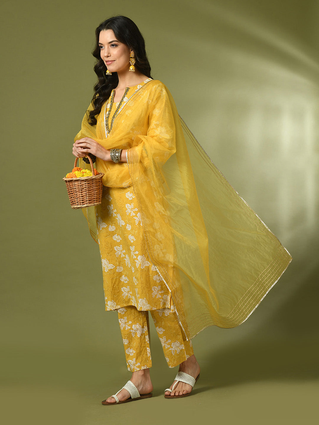 Women's  Yellow Printed Cotton Straight Party Kurta Sets With Dupatta - Myshka