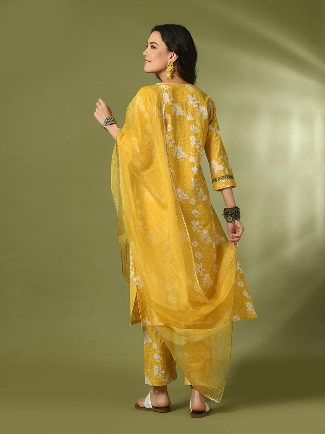 Women's  Yellow Printed Cotton Straight Party Kurta Sets With Dupatta - Myshka