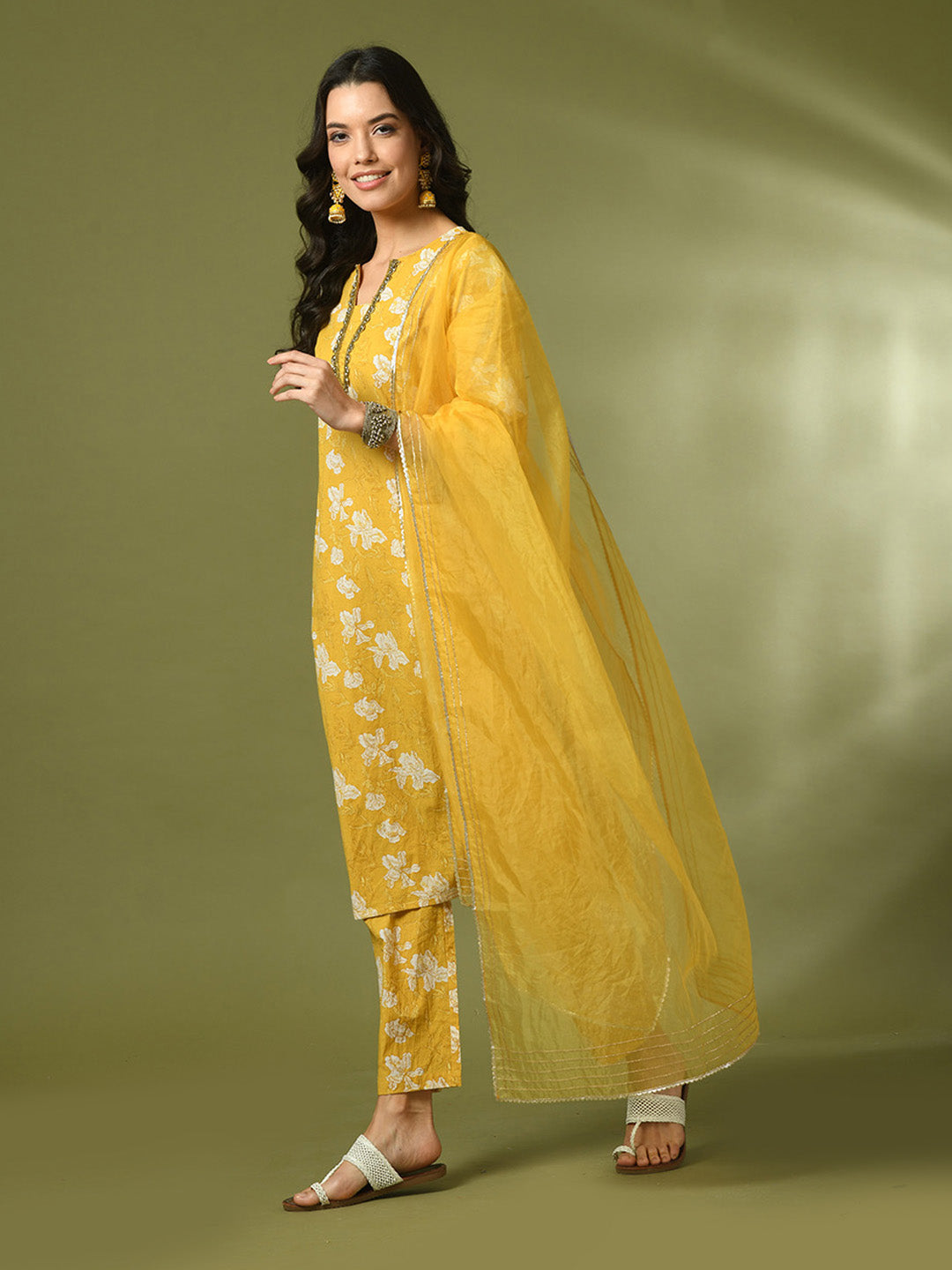 Women's  Yellow Printed Cotton Straight Party Kurta Sets With Dupatta - Myshka