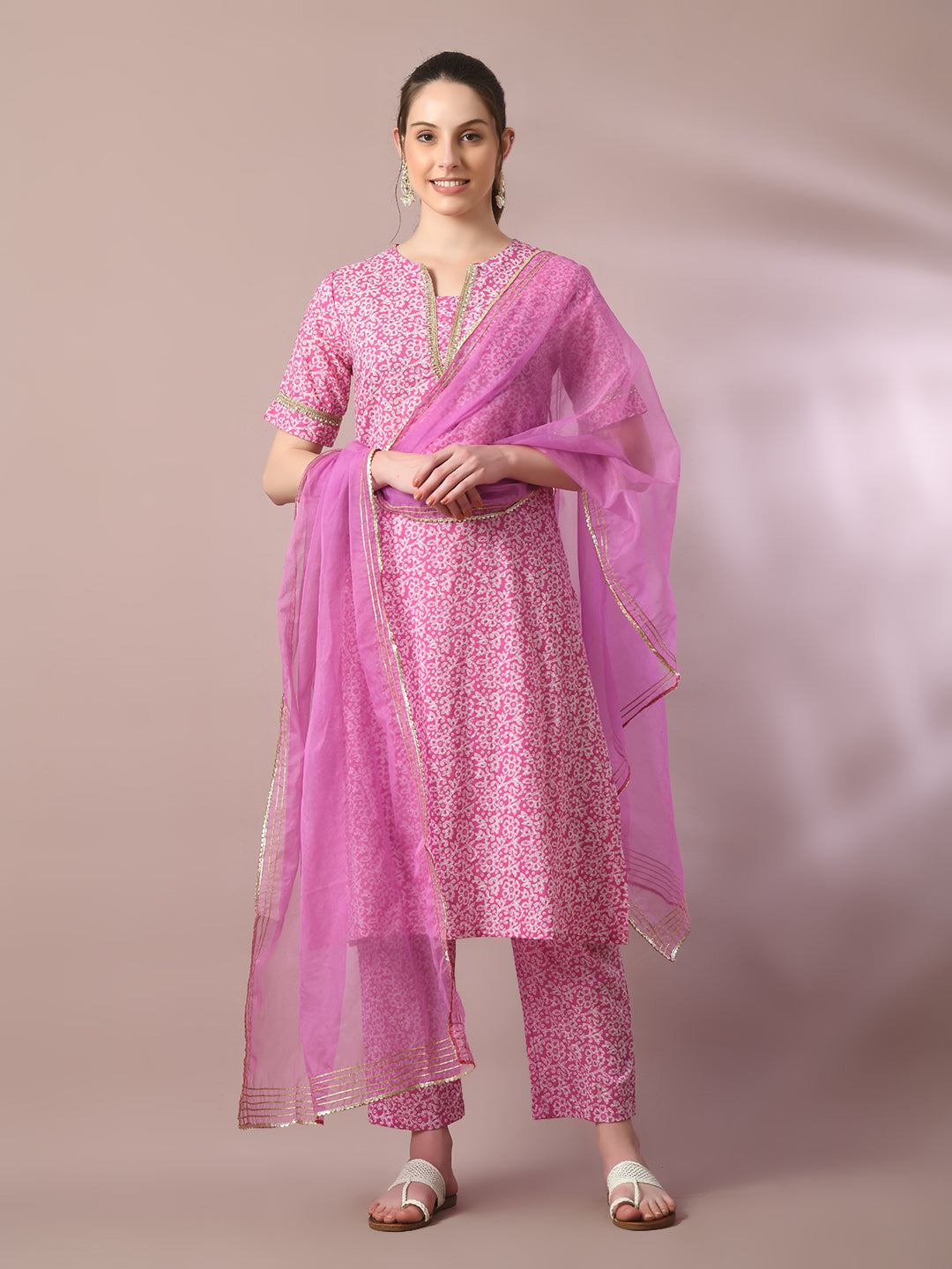 Women's  Pink Printed Cotton Straight Party Kurta Sets With Dupatta - Myshka