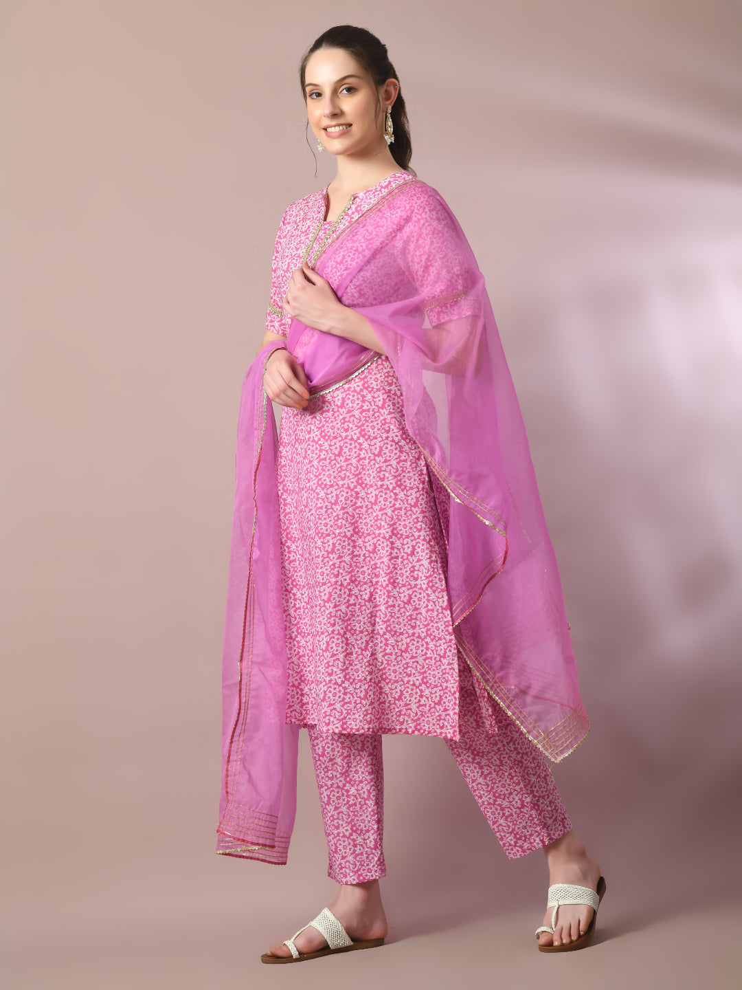 Women's  Pink Printed Cotton Straight Party Kurta Sets With Dupatta - Myshka