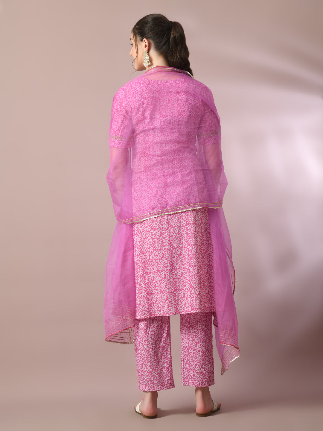 Women's  Pink Printed Cotton Straight Party Kurta Sets With Dupatta - Myshka