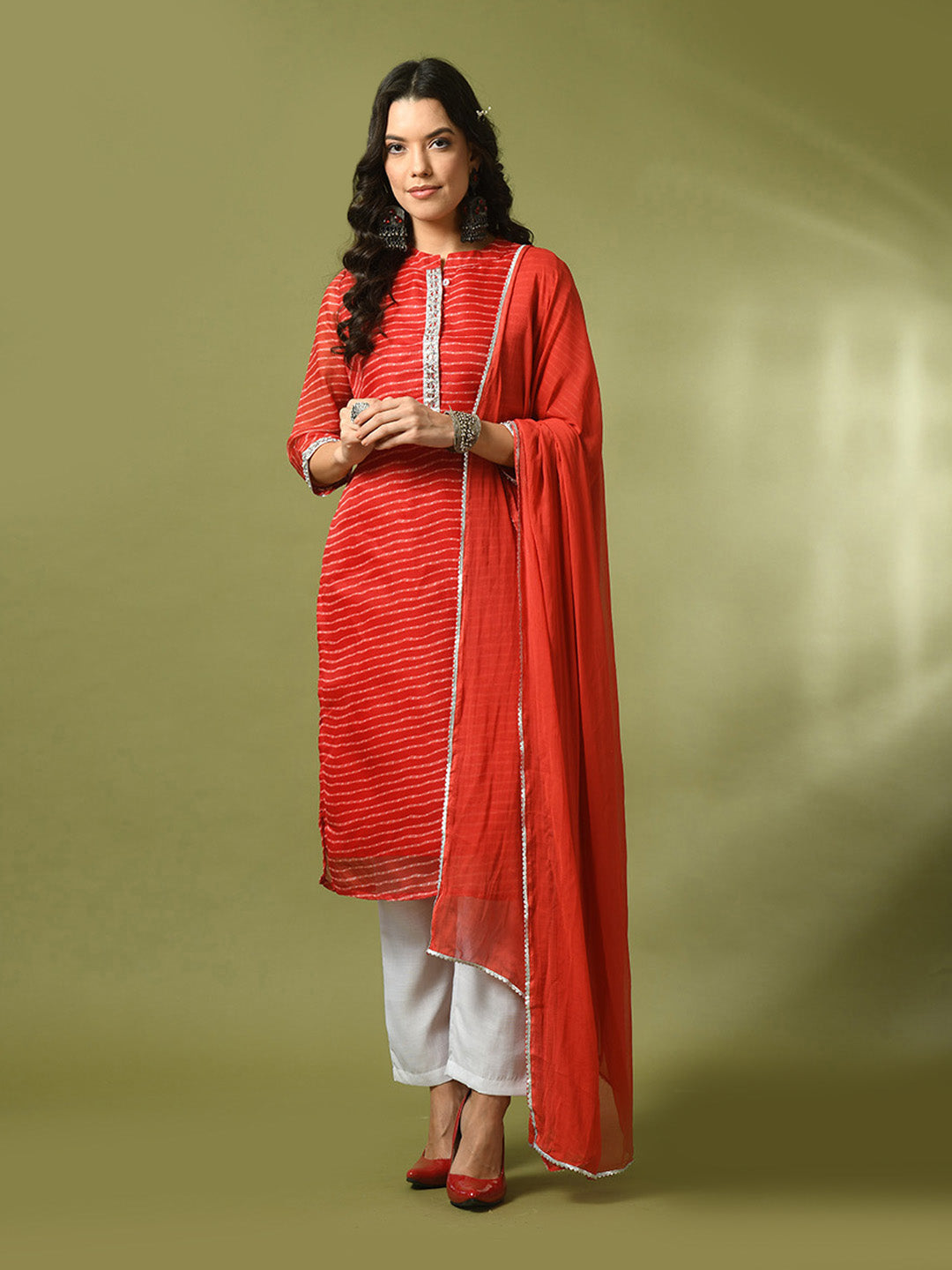 Women's  Red Printed Kota Straight Party Kurta Sets With Dupatta - Myshka