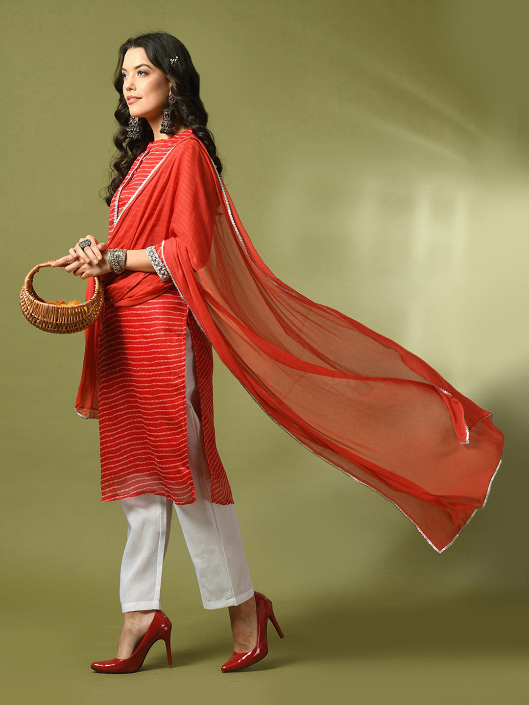 Women's  Red Printed Kota Straight Party Kurta Sets With Dupatta - Myshka