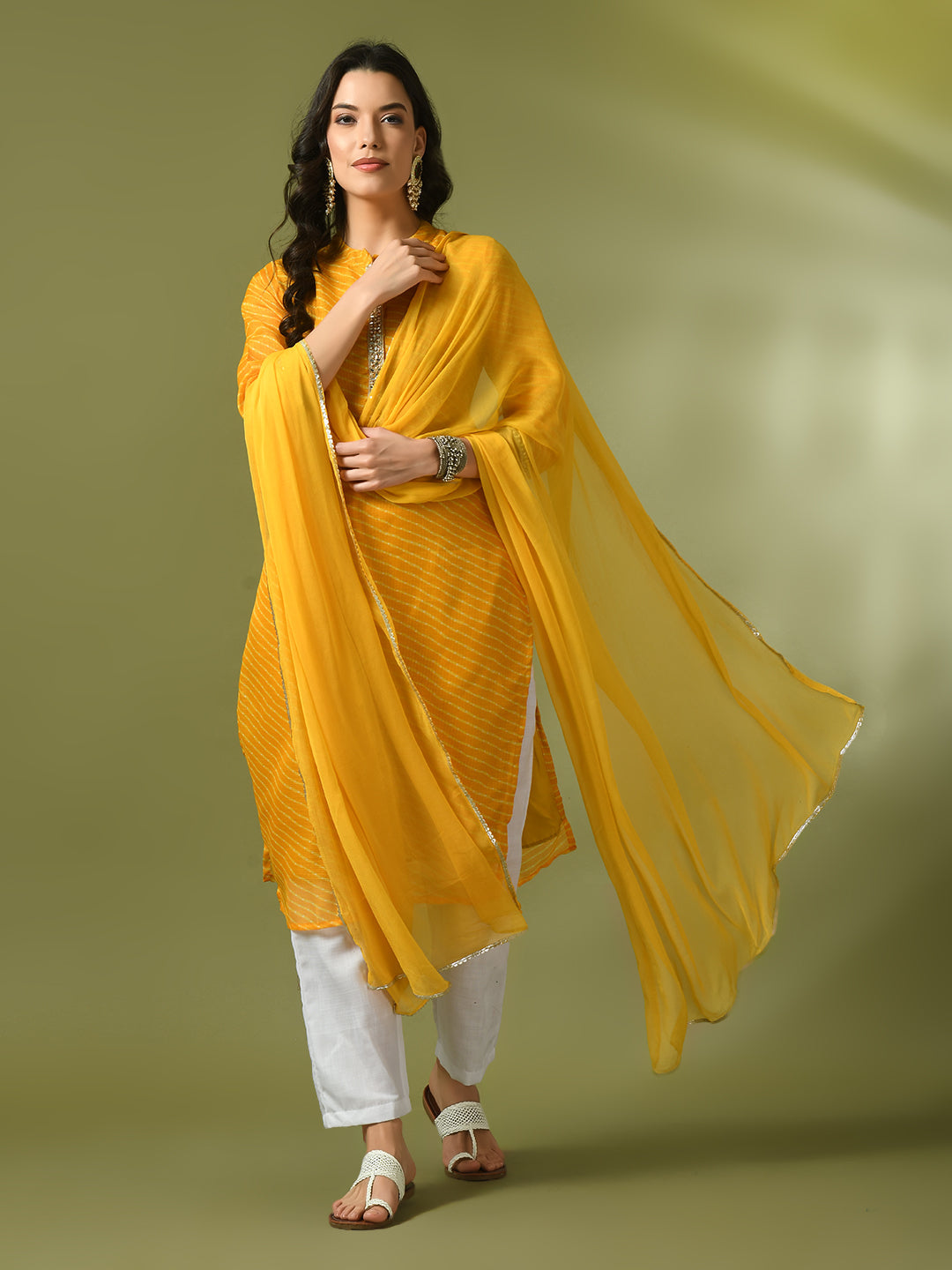 Women's  Yellow Printed Kota Straight Party Kurta Sets With Dupatta - Myshka