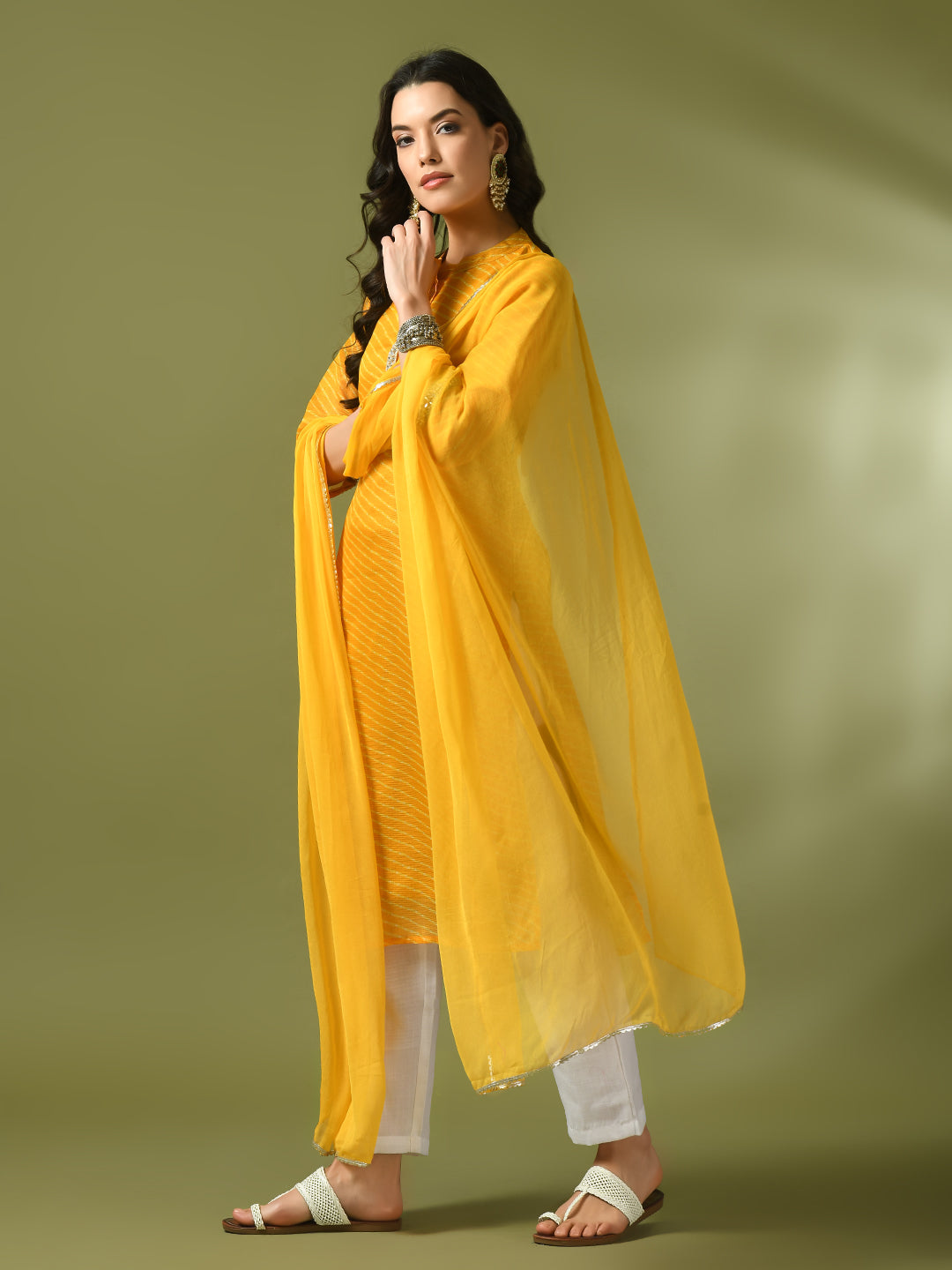 Women's  Yellow Printed Kota Straight Party Kurta Sets With Dupatta - Myshka