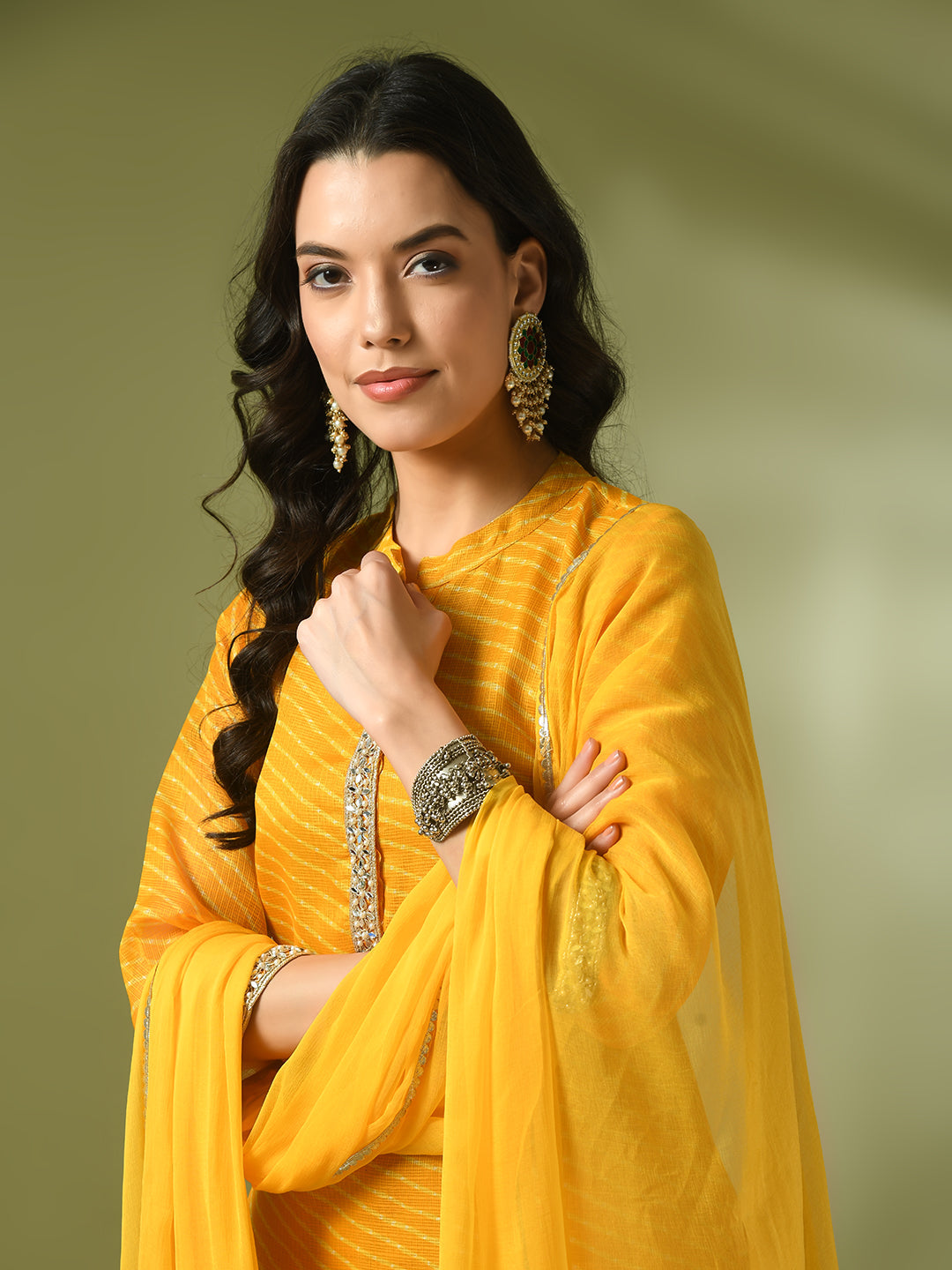 Women's  Yellow Printed Kota Straight Party Kurta Sets With Dupatta - Myshka