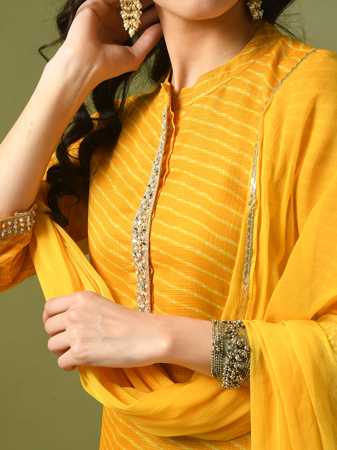 Women's  Yellow Printed Kota Straight Party Kurta Sets With Dupatta - Myshka