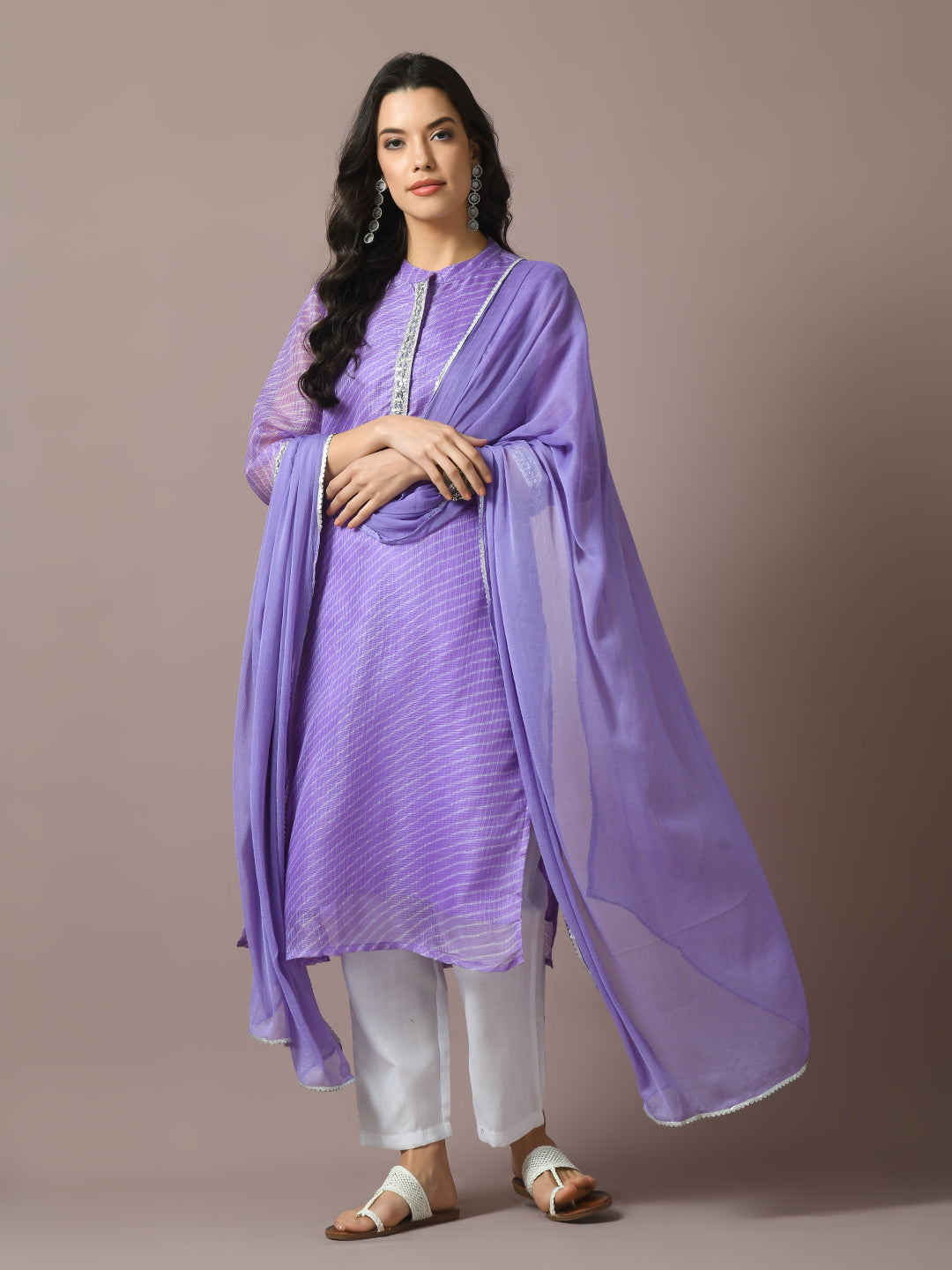 Women's  Lavender Printed Kota Straight Party Kurta Sets With Dupatta - Myshka