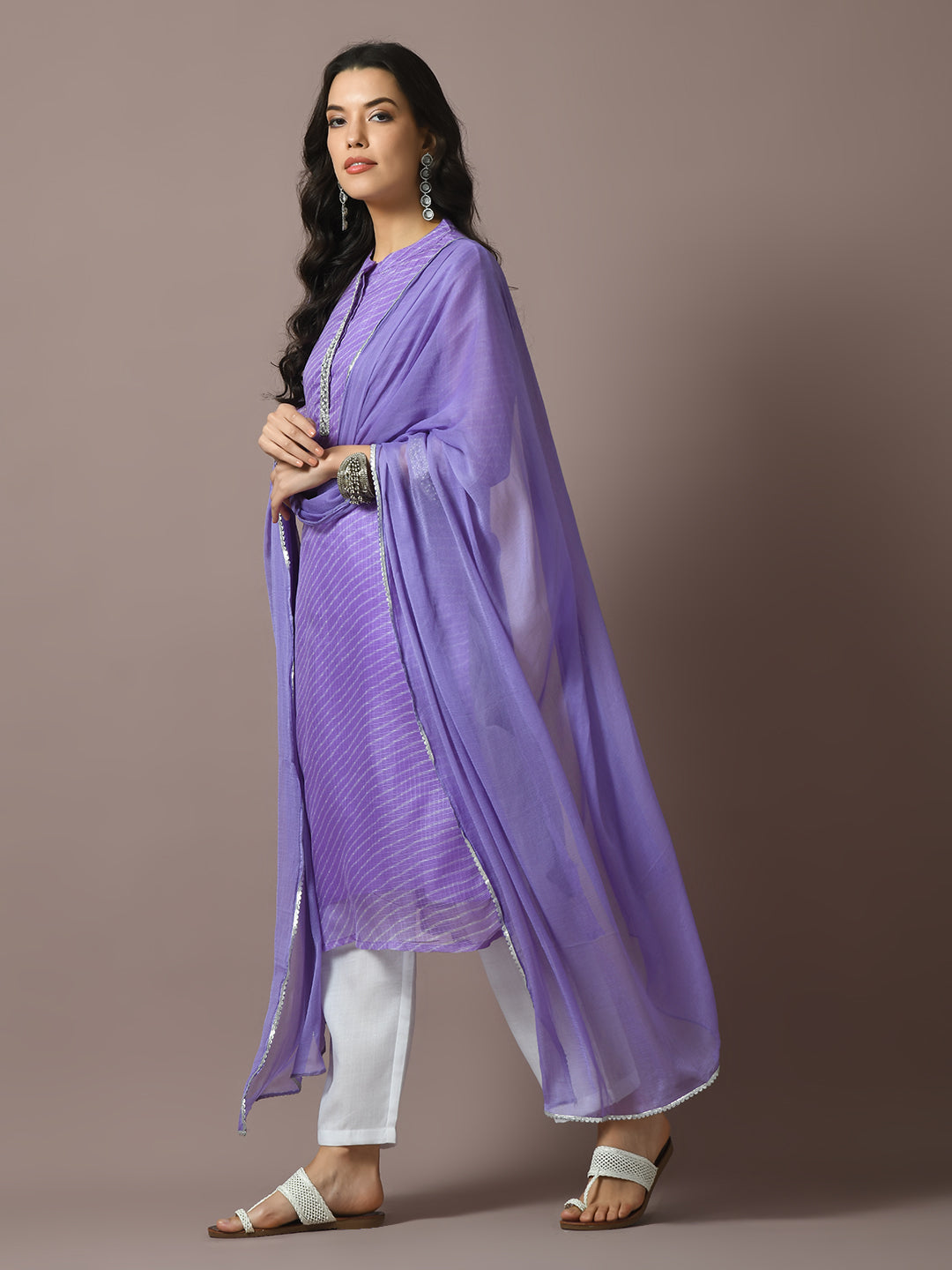 Women's  Lavender Printed Kota Straight Party Kurta Sets With Dupatta - Myshka