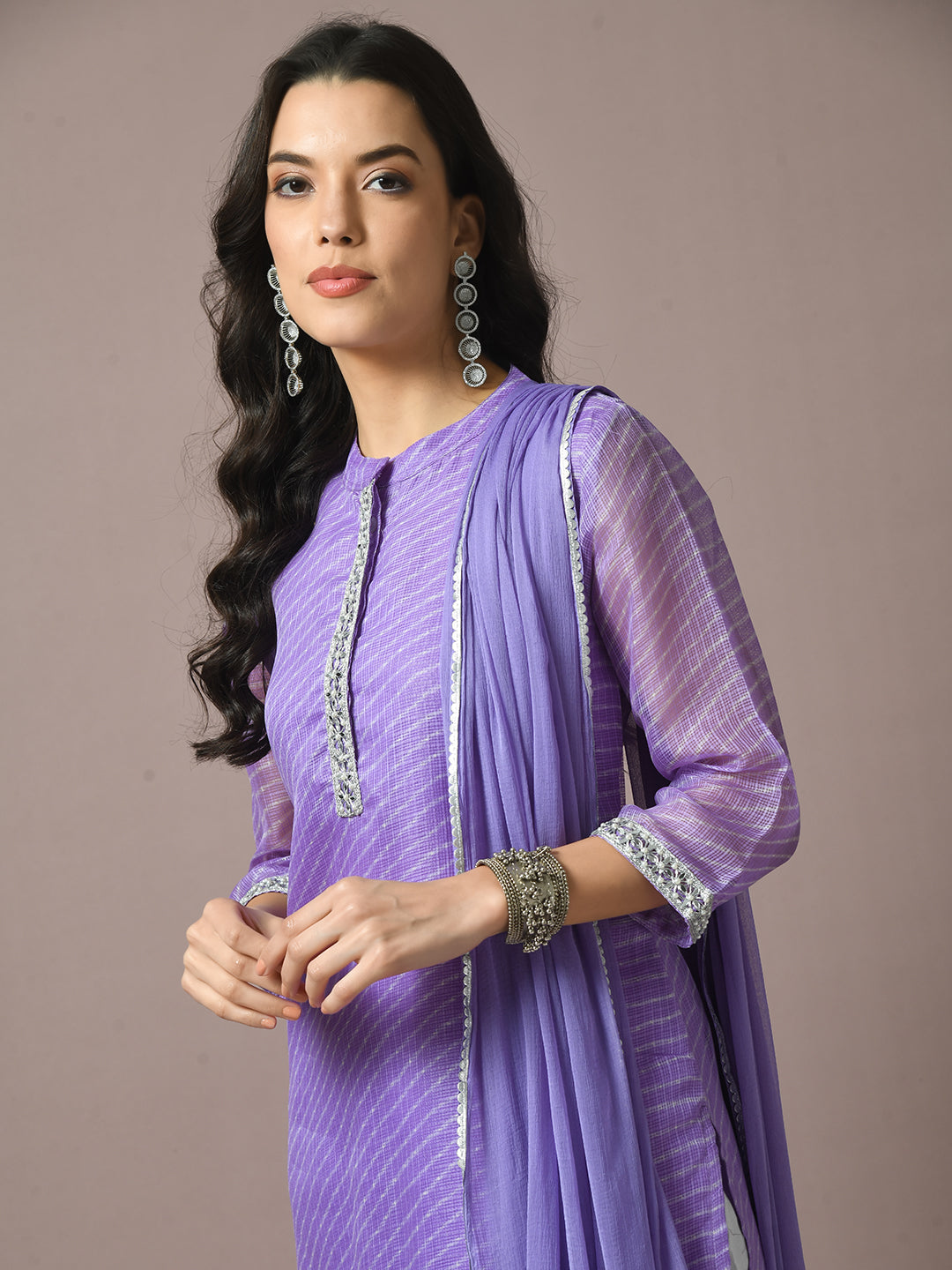 Women's  Lavender Printed Kota Straight Party Kurta Sets With Dupatta - Myshka