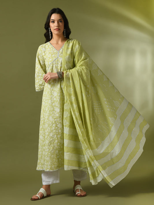 Women's  Lime Green Printed Cotton Anarkali Party Kurta Sets With Dupatta - Myshka