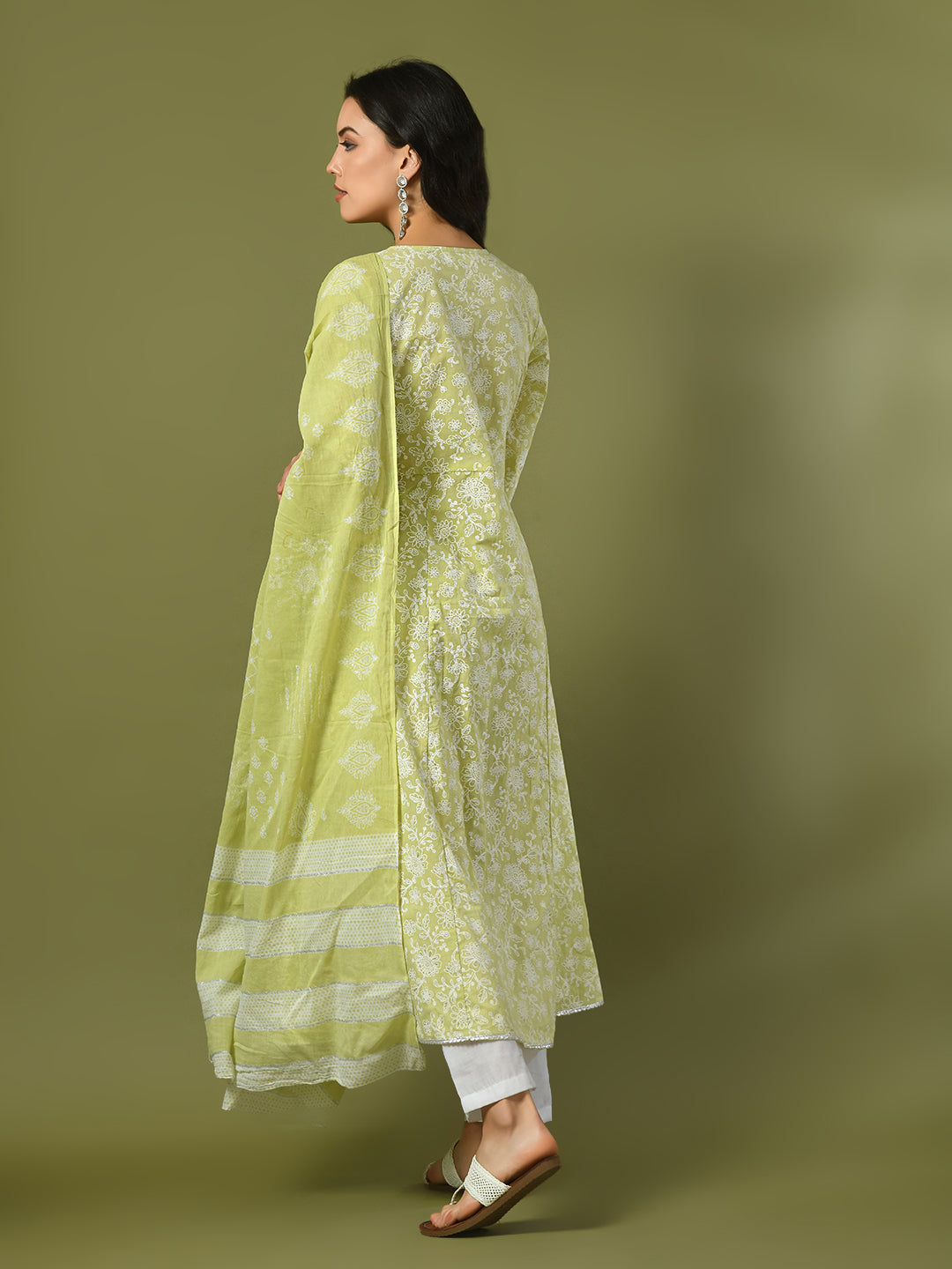 Women's  Lime Green Printed Cotton Anarkali Party Kurta Sets With Dupatta - Myshka