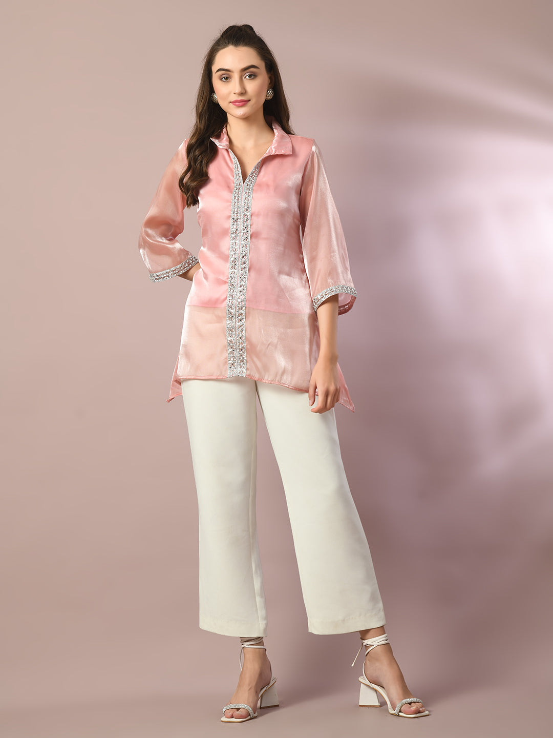 Women's  Pink Solid Longline Party Tunic  - Myshka