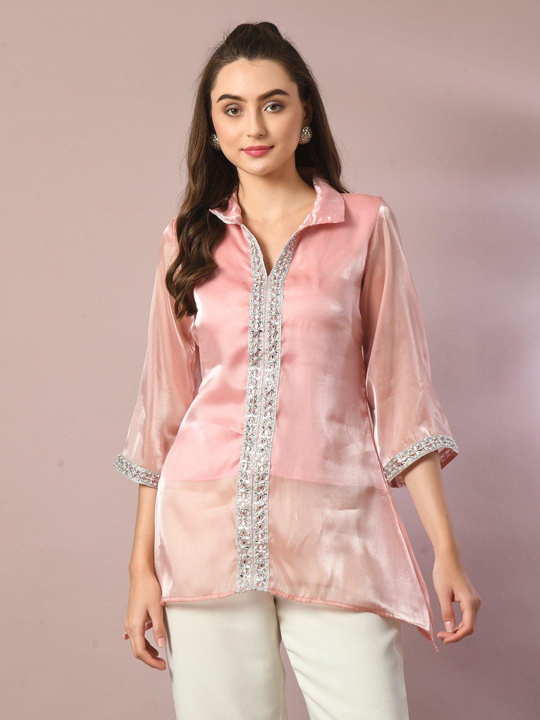 Women's  Pink Solid Longline Party Tunic  - Myshka