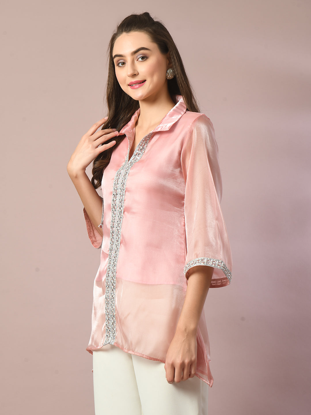 Women's  Pink Solid Longline Party Tunic  - Myshka