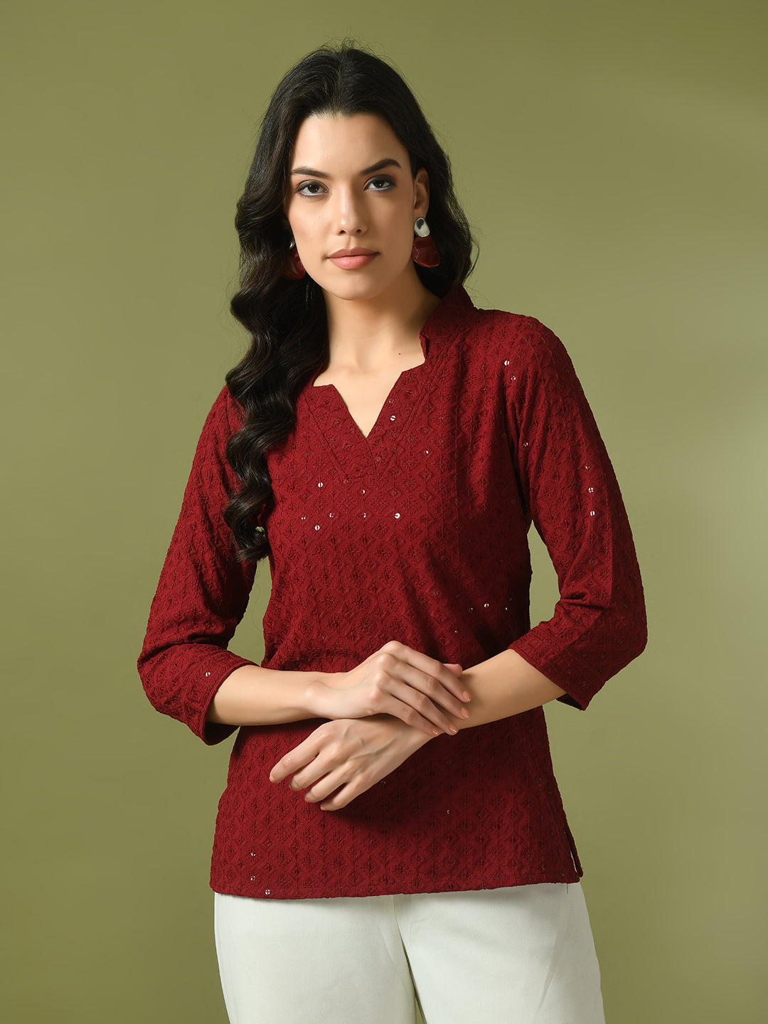 Women's  Maroon Embellished Cotton Regular Party Tunic  - Myshka