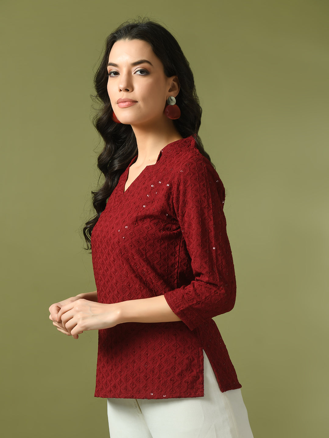 Women's  Maroon Embellished Cotton Regular Party Tunic  - Myshka