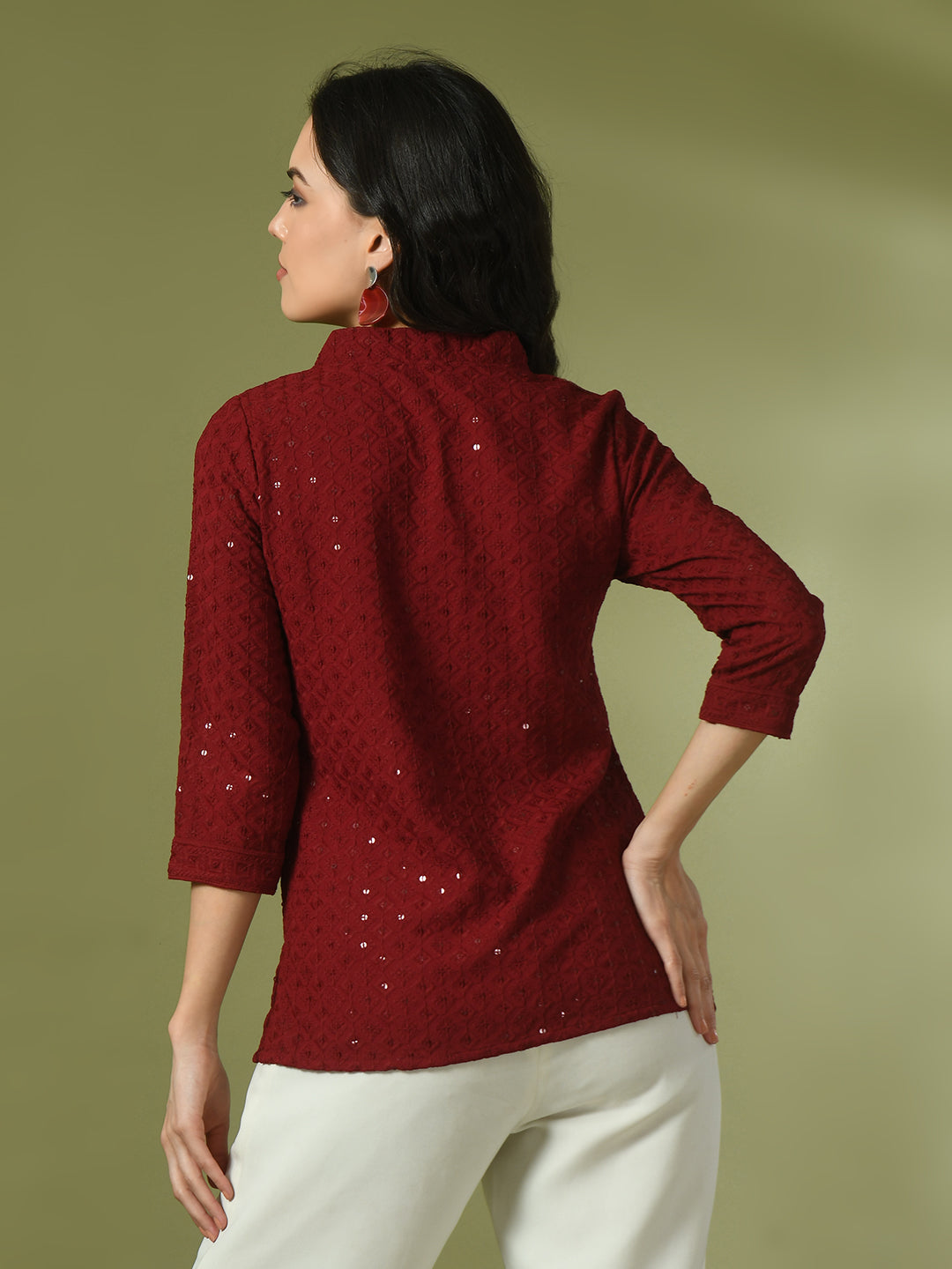 Women's  Maroon Embellished Cotton Regular Party Tunic  - Myshka